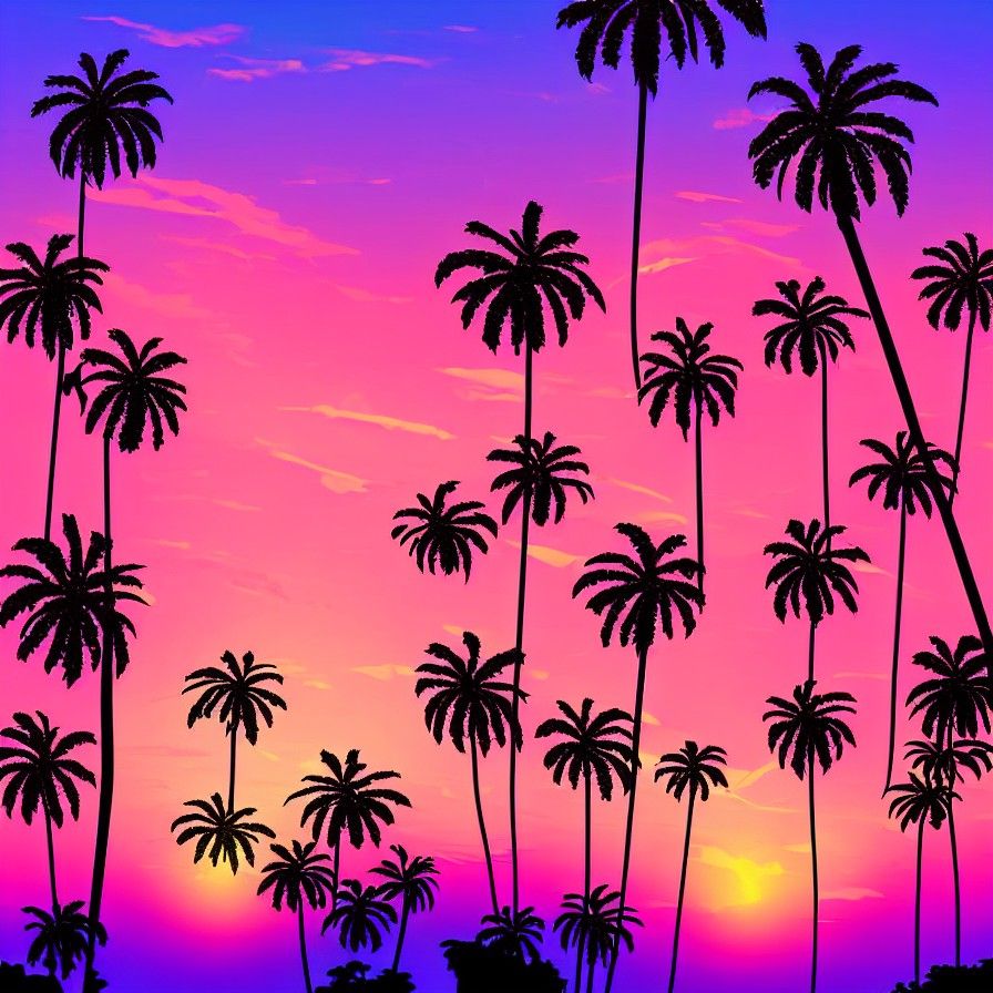 Neon Palm Trees and Purple Sunset: Digital Art