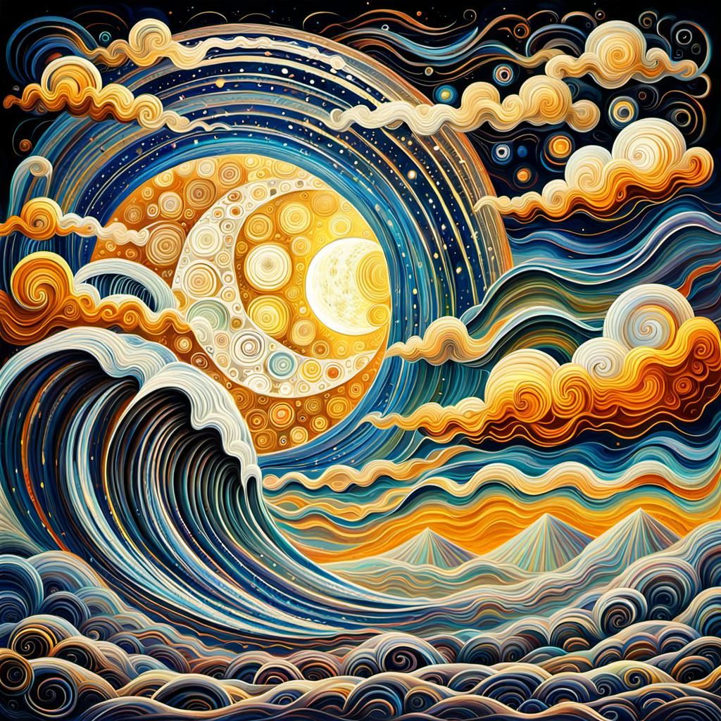 Psychedelic Moon Painting with Golden Rays