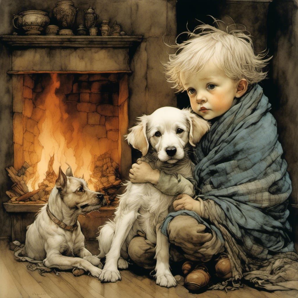 Cozy Toddler and Dog by Fireplace, Illustrative Style