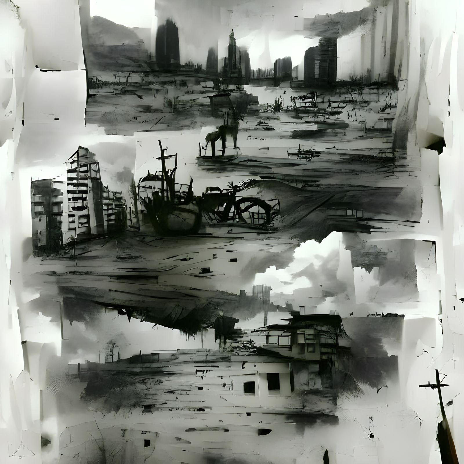 Post-Apocalyptic Cityscape in Desaturated Ink Wash