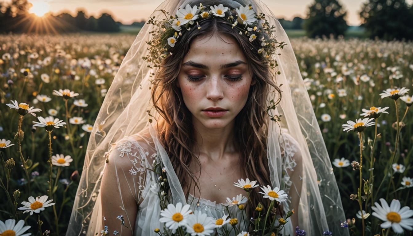 Ethereal Fairy in Blooming Meadow at Sunrise