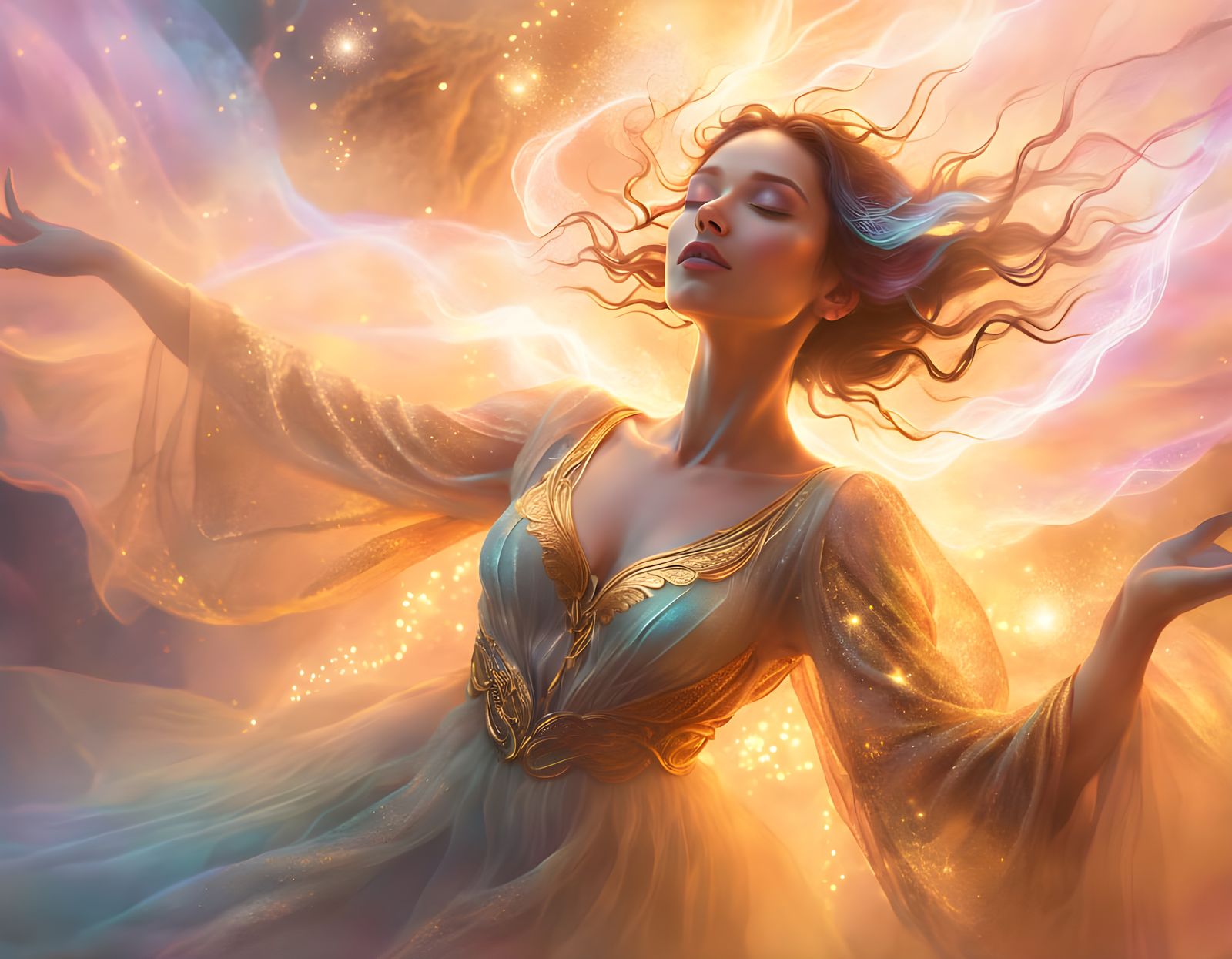 Ethereal Woman Floating in Dreamy Mist