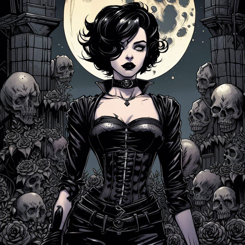 Goth Woman in Graveyard: Monochrome Comic Art