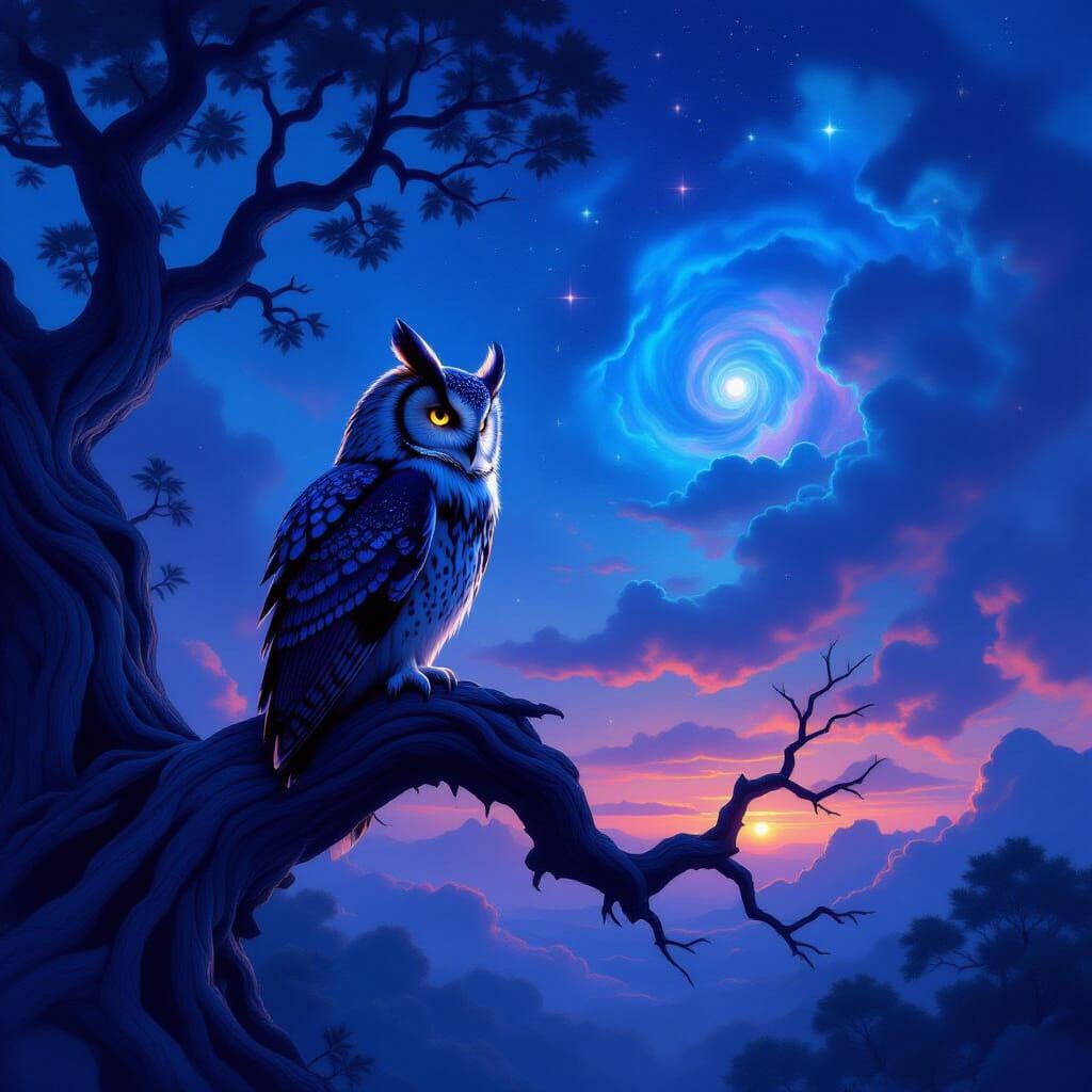 Majestic Owl Silhouette Against Cosmic Twilight Sky