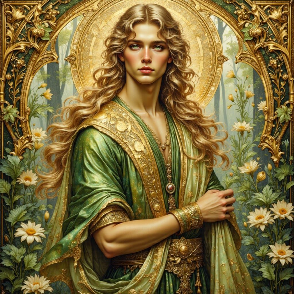 Art Nouveau Elf Portrait in Gold and Emerald