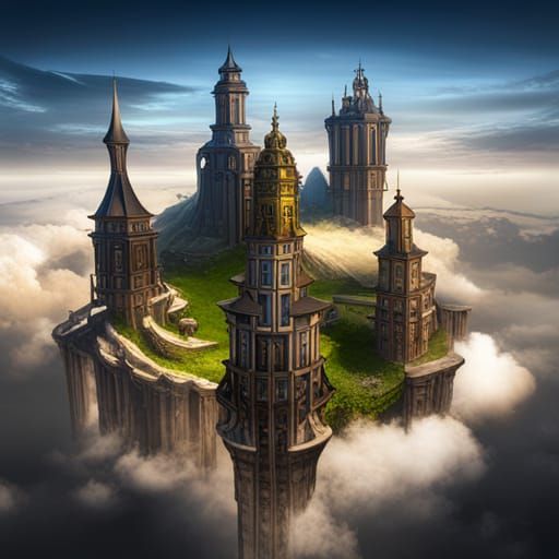 Fantasy City Floating Among Clouds: Detailed Digital Art