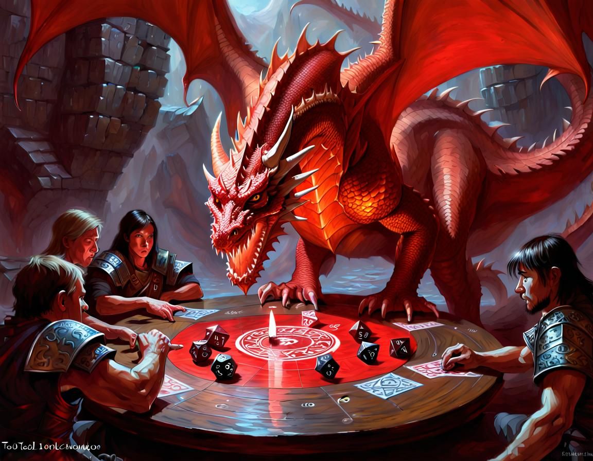 Red Dragon Confronts Dice in Dramatic Fantasy Art