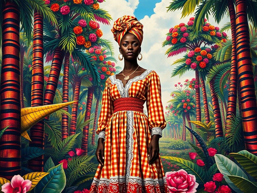 Regal Woman in Vibrant Gingham Jungle