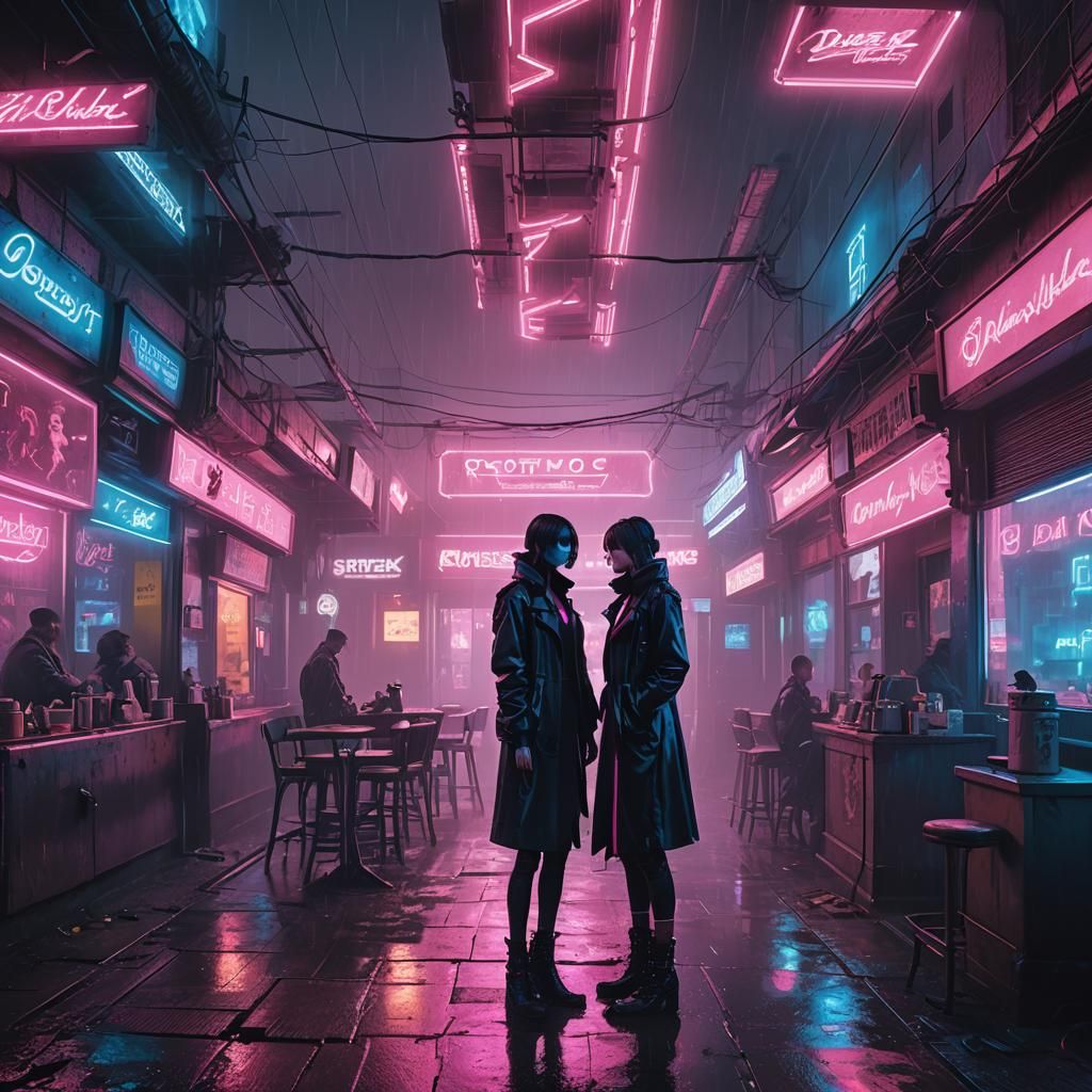 Goth Coffee Shop with Neon Lights and Model