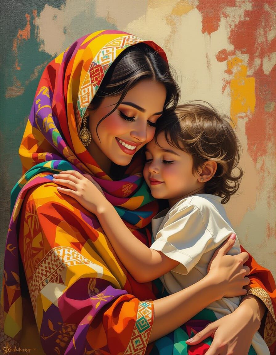 Mosaic Mother and Child: Hyperrealistic Digital Painting