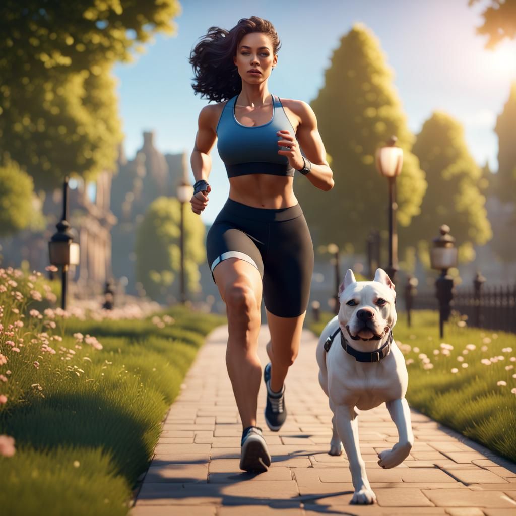 Woman Jogging with Dog: 3D Game Cinematic Render