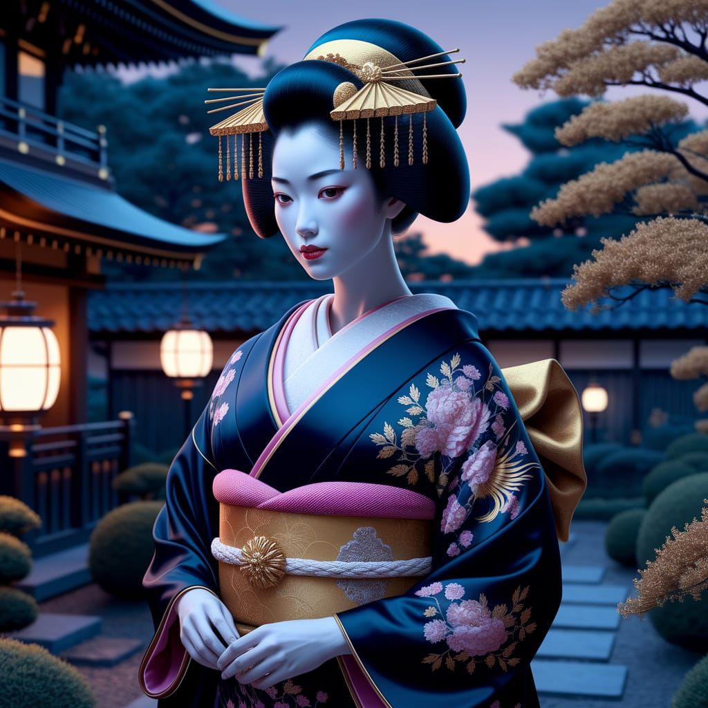 Geisha in Twilight Garden with Gold Kanzashi