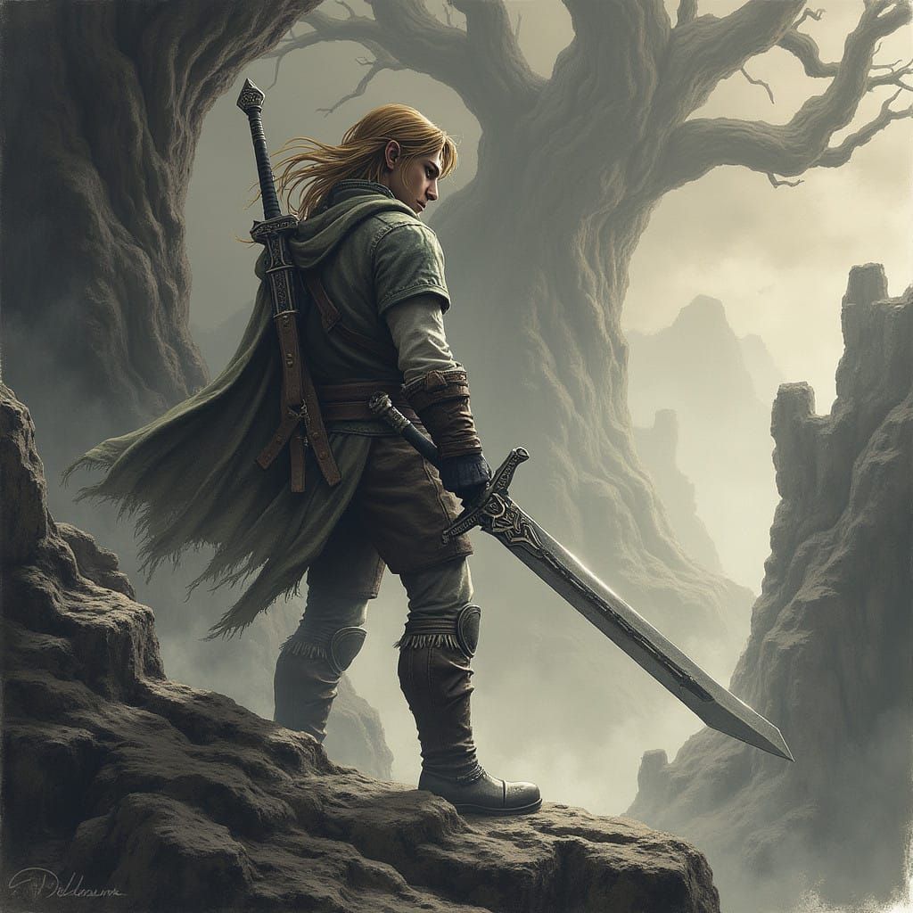 Heroic Link in Stormy Landscape, Charcoal Drawing Style