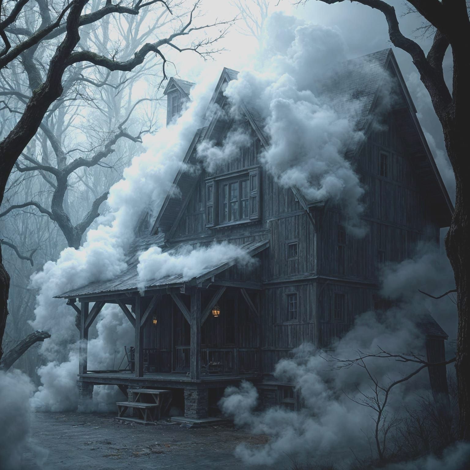 Eerie House Shrouded in Pale Mist: Dark Fantasy