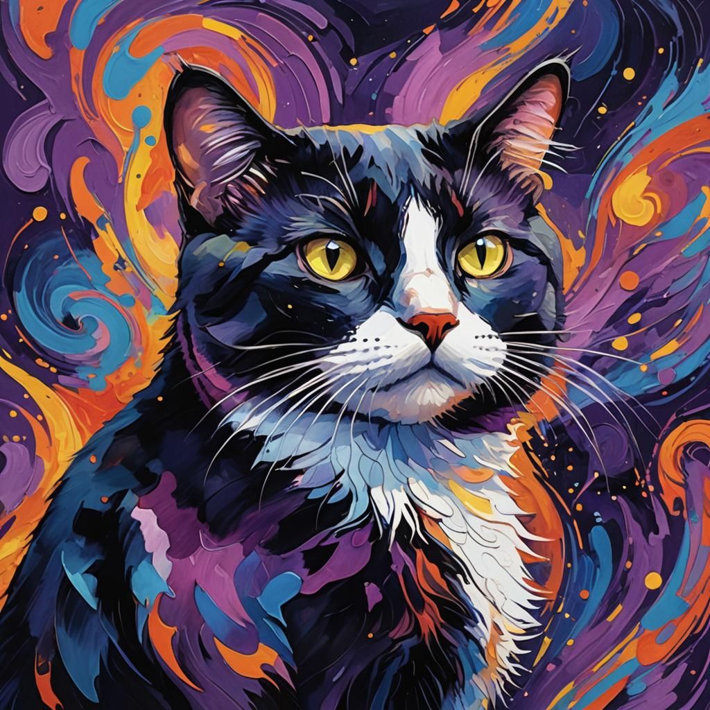 Tuxedo Cat in Fauvist Swirling Nightscape
