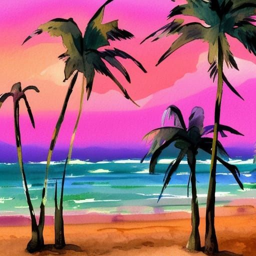 Tropical Sunset Palm Trees in Gouache Watercolor