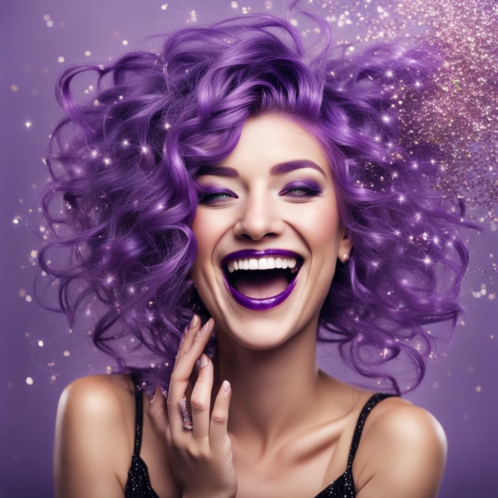 Laughing Woman with Purple Glitter Hair