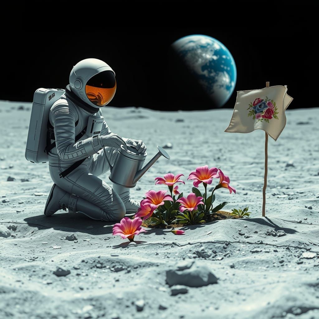 Astronaut Gardener on the Moon: A Digital Impression