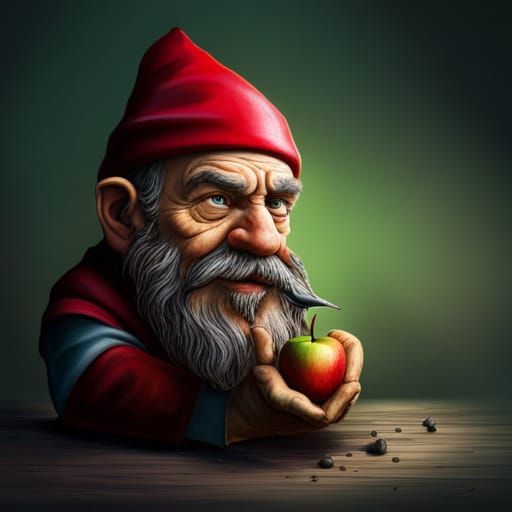 Hyperrealistic Evil Gnome Eating Apple