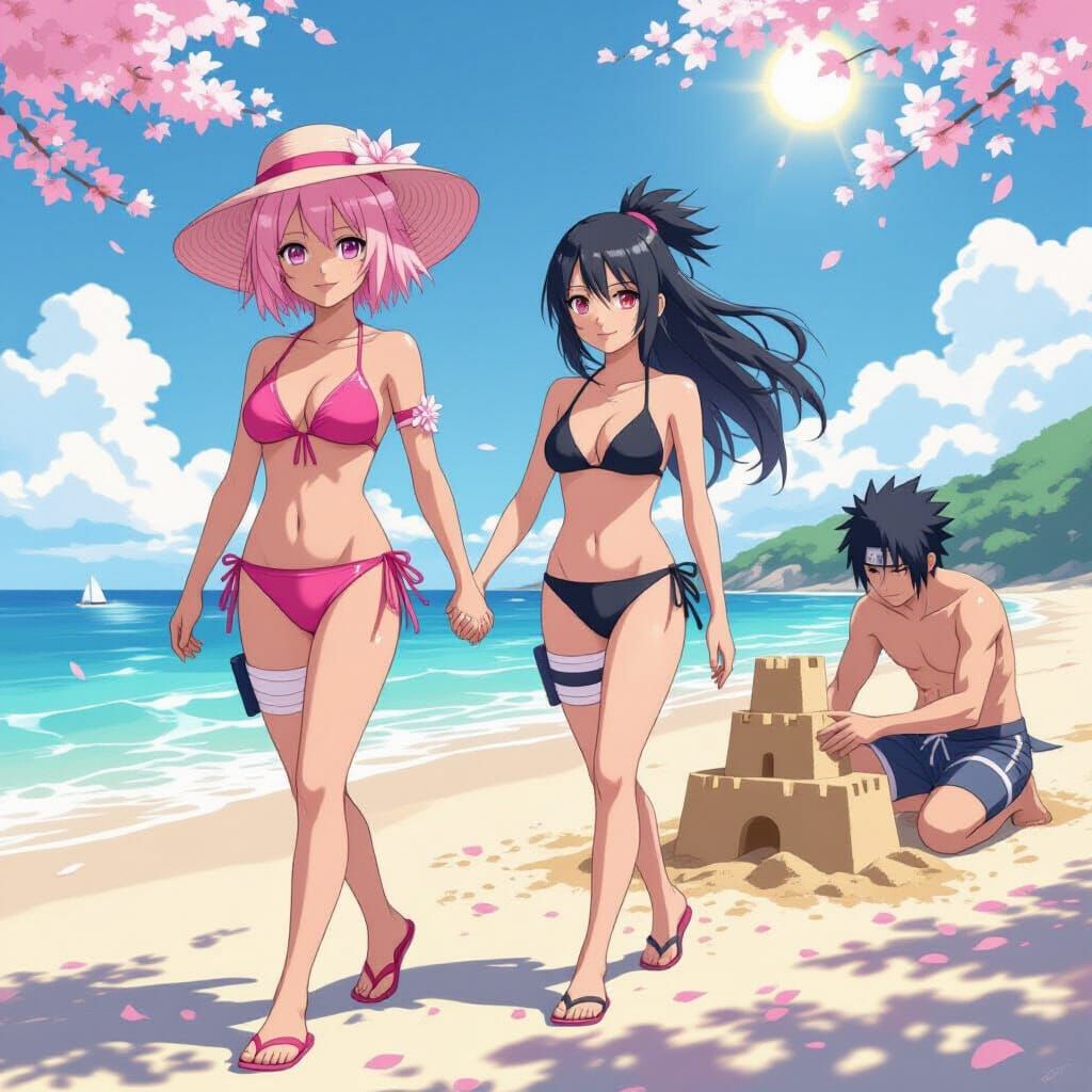 Sakura and Hinata on a Sunny Beach in Anime Style