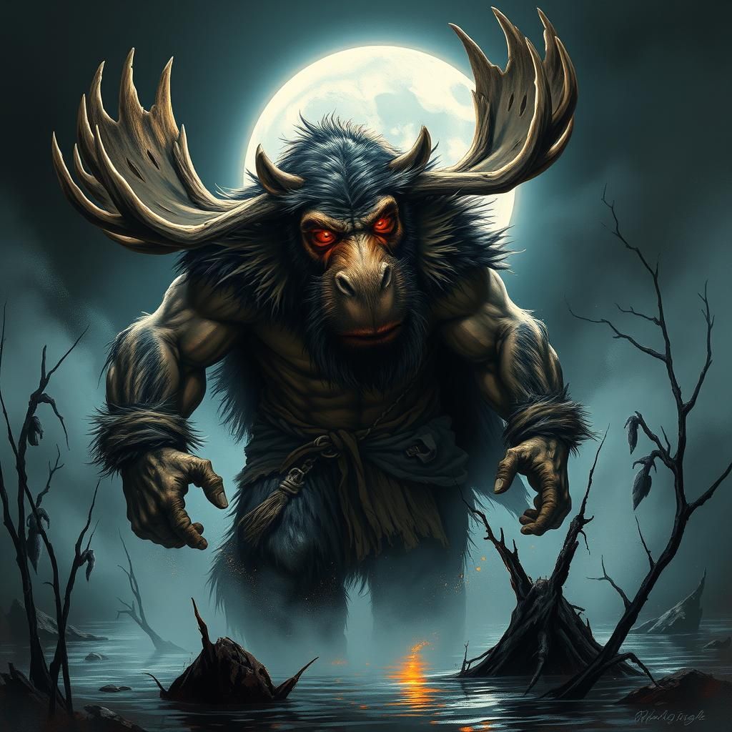 Muscular Moose-Man in Mist: A Gritty Comic Illustration