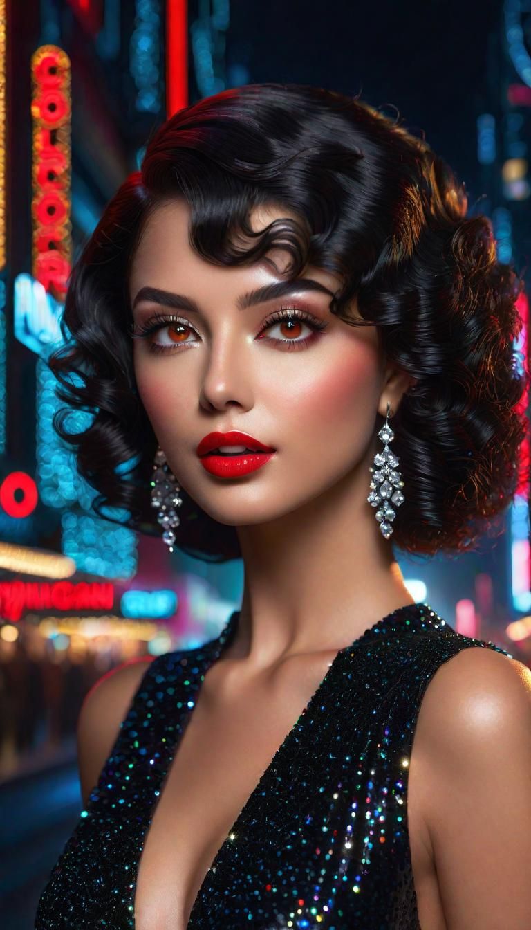Photorealistic woman in a black sparkly glittery dress at ni...