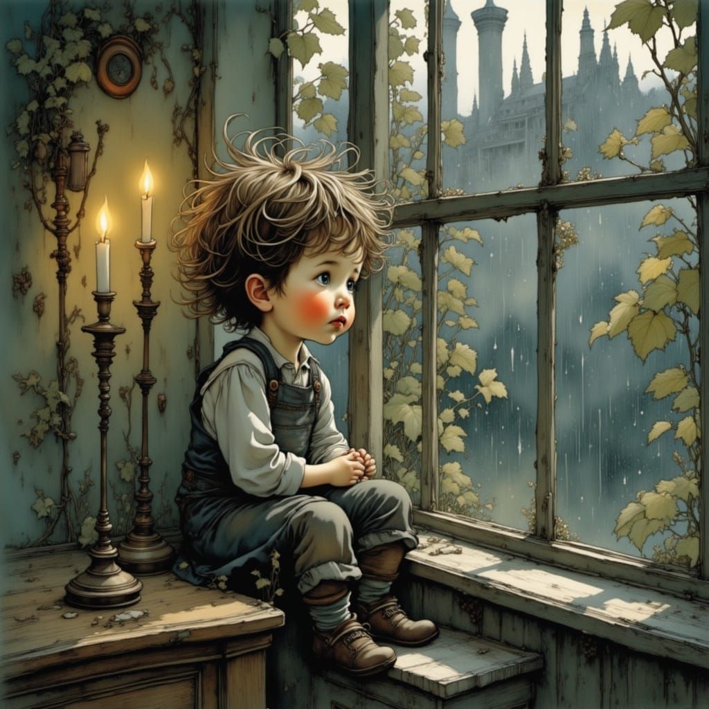 Whimsical Toddler Contemplates Rainy World in Dreamlike Styl...