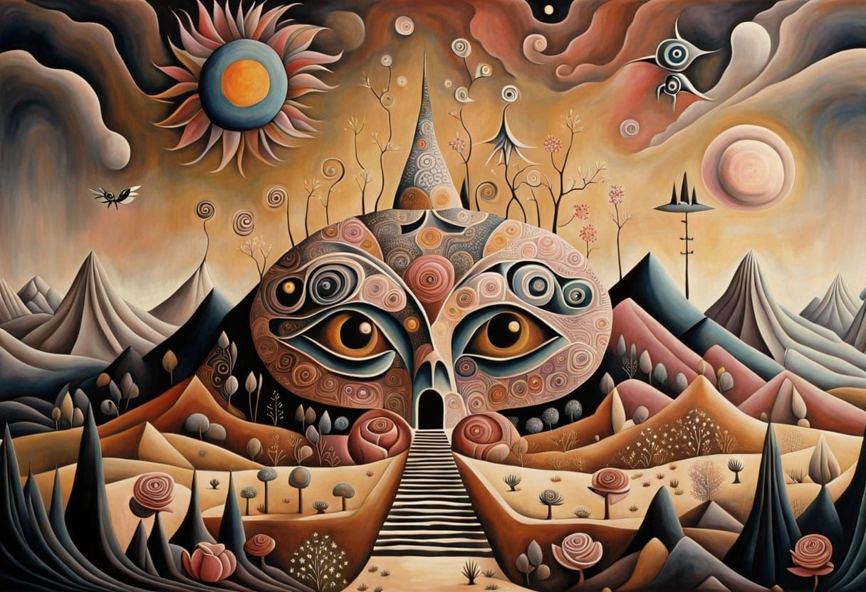 Desert Temple with Ghosts in Naive Folk-Art Style