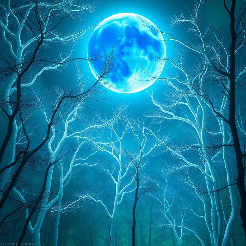 Surreal Blue Moon Illuminates Luminous Jungle Amidst Emerald...