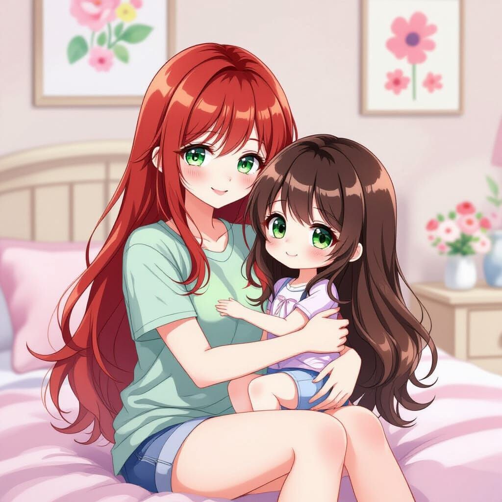 Japanese Woman Hugging Doll in Kawaii Anime Style