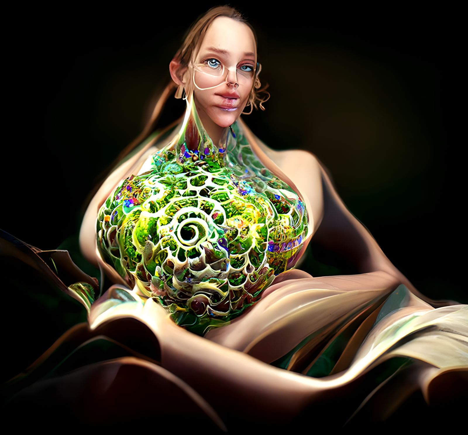 Intricate Fractal Art with Iridescent Feather Spirals