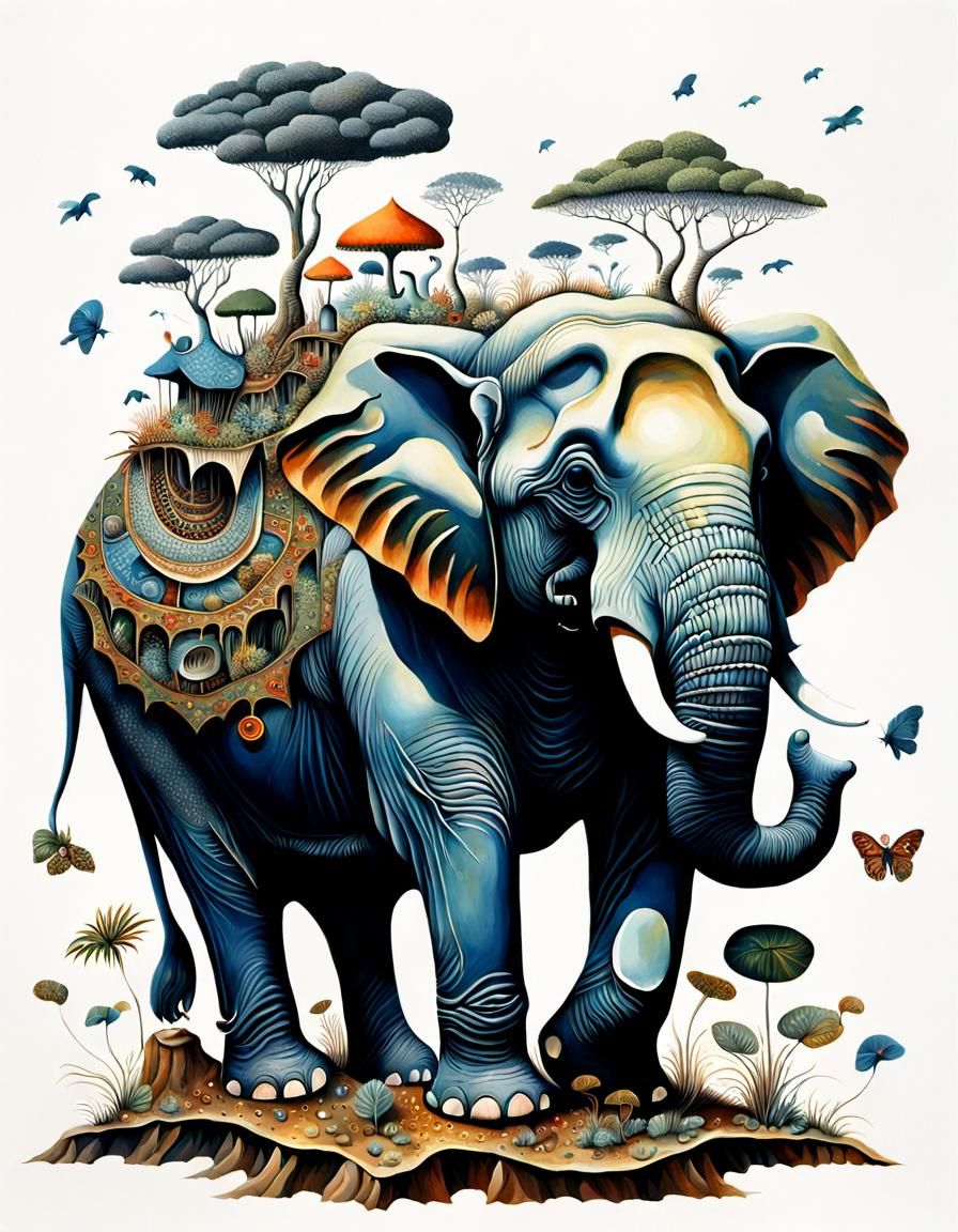 Surreal Elephant Collage with Hybrid Creatures