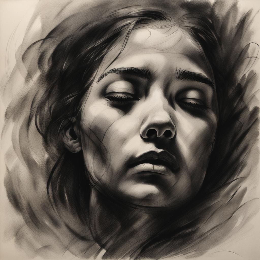 Charcoal Portrait of Woman in Mist with Chiaroscuro