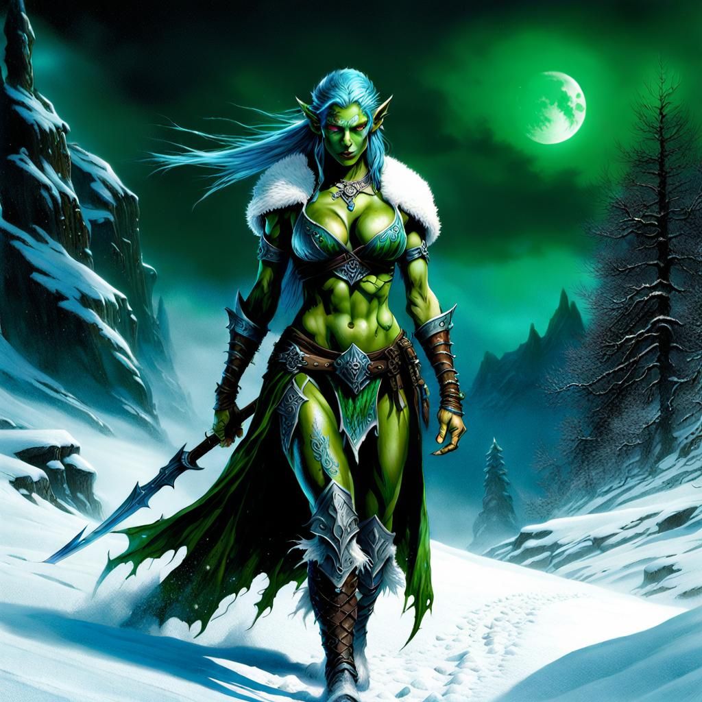 Elf Sorceress and Orc Warrior in Fantasy Landscape