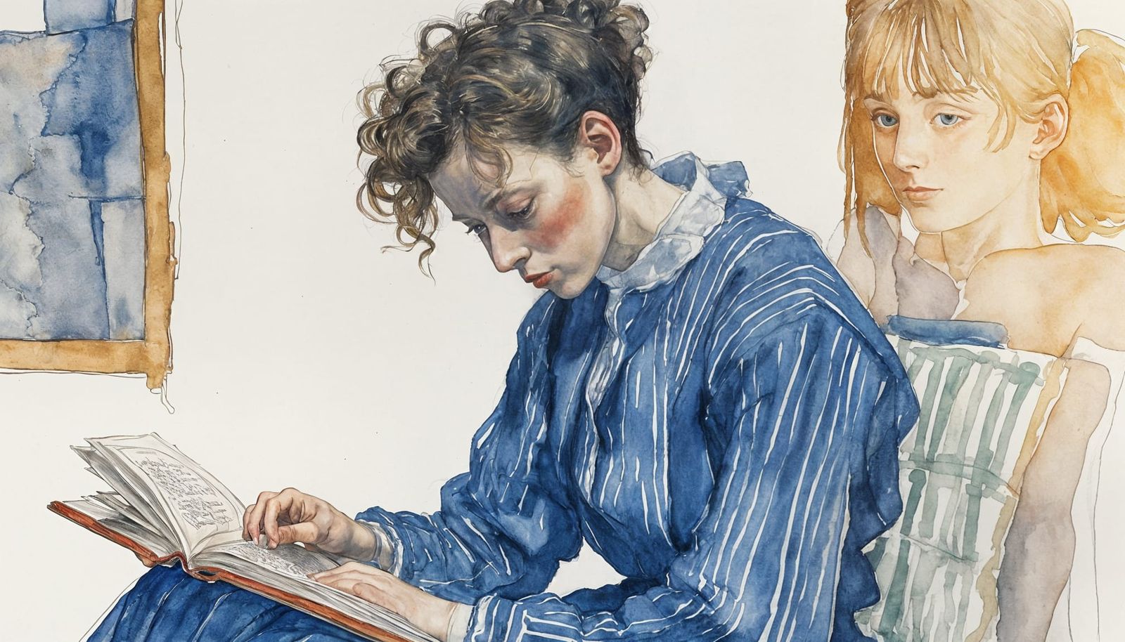 Edith Schiele Reading: Realist Watercolor Painting