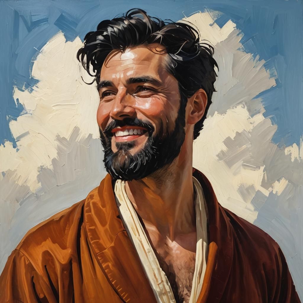Cheerful Man with Beard in Expressionist Oil Painting