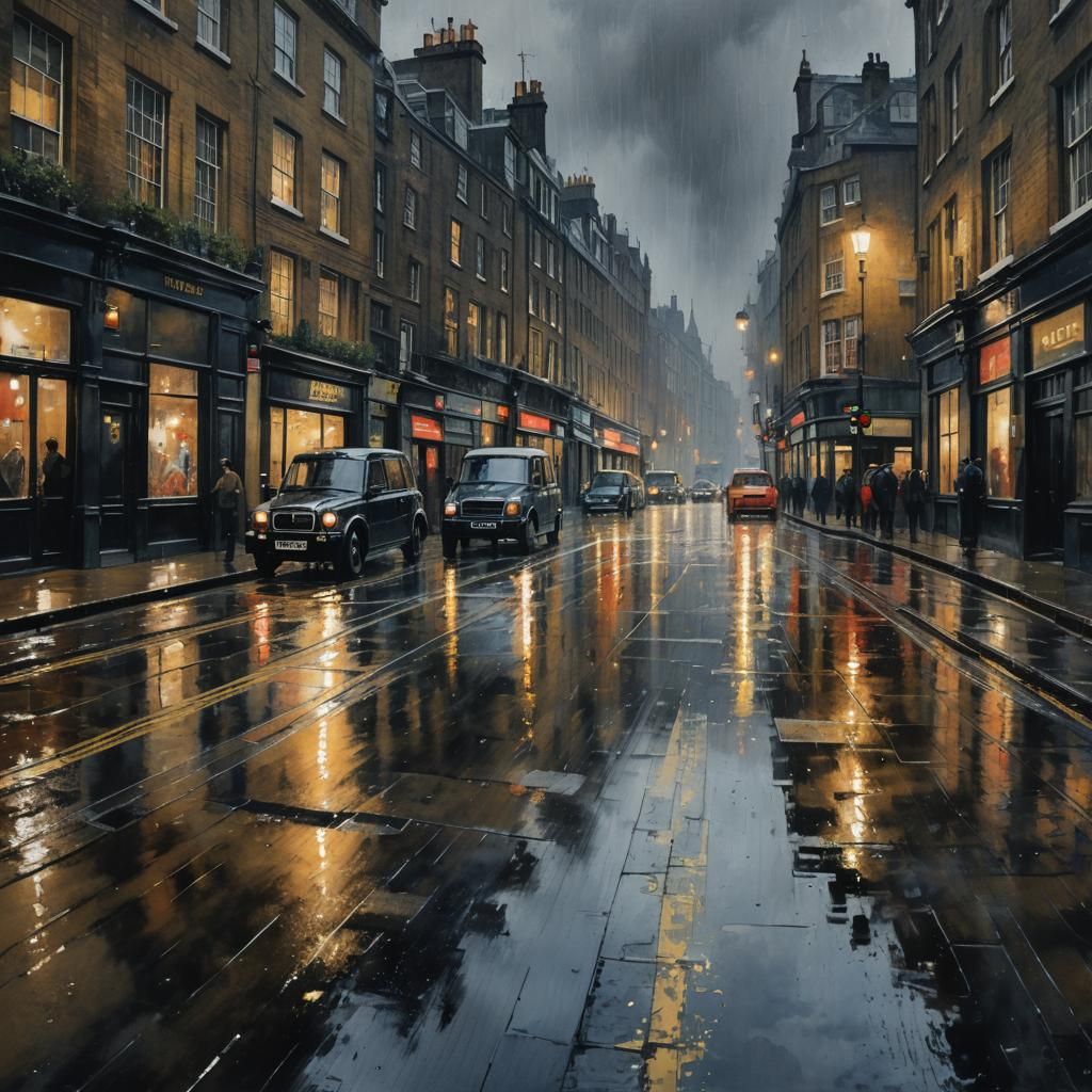Rain Swept London Streets in Watercolor