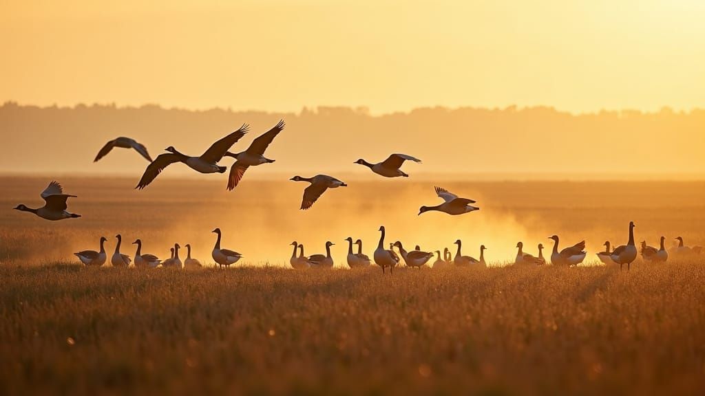 Canadian Geese Flock Landing in Cornfields