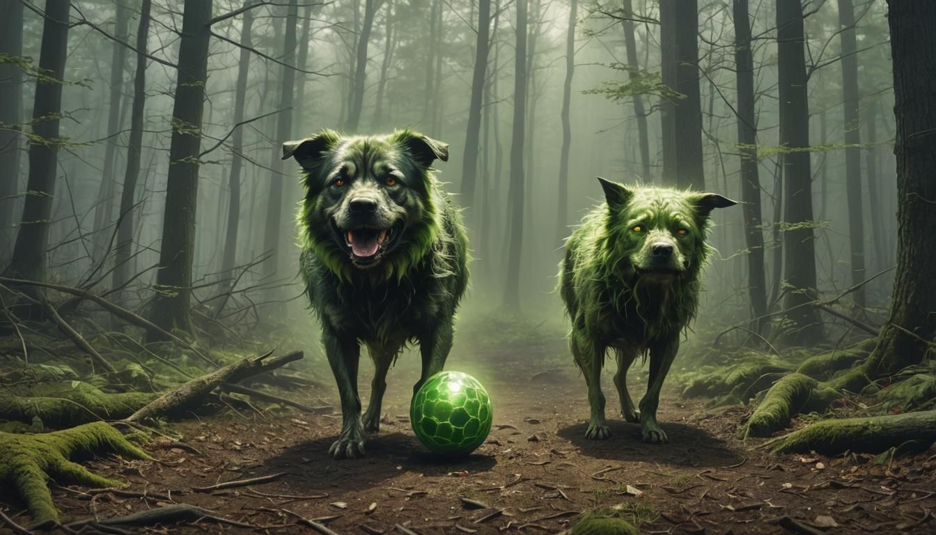 Sinister Forest Scene: Dog's Grotesque Transformation