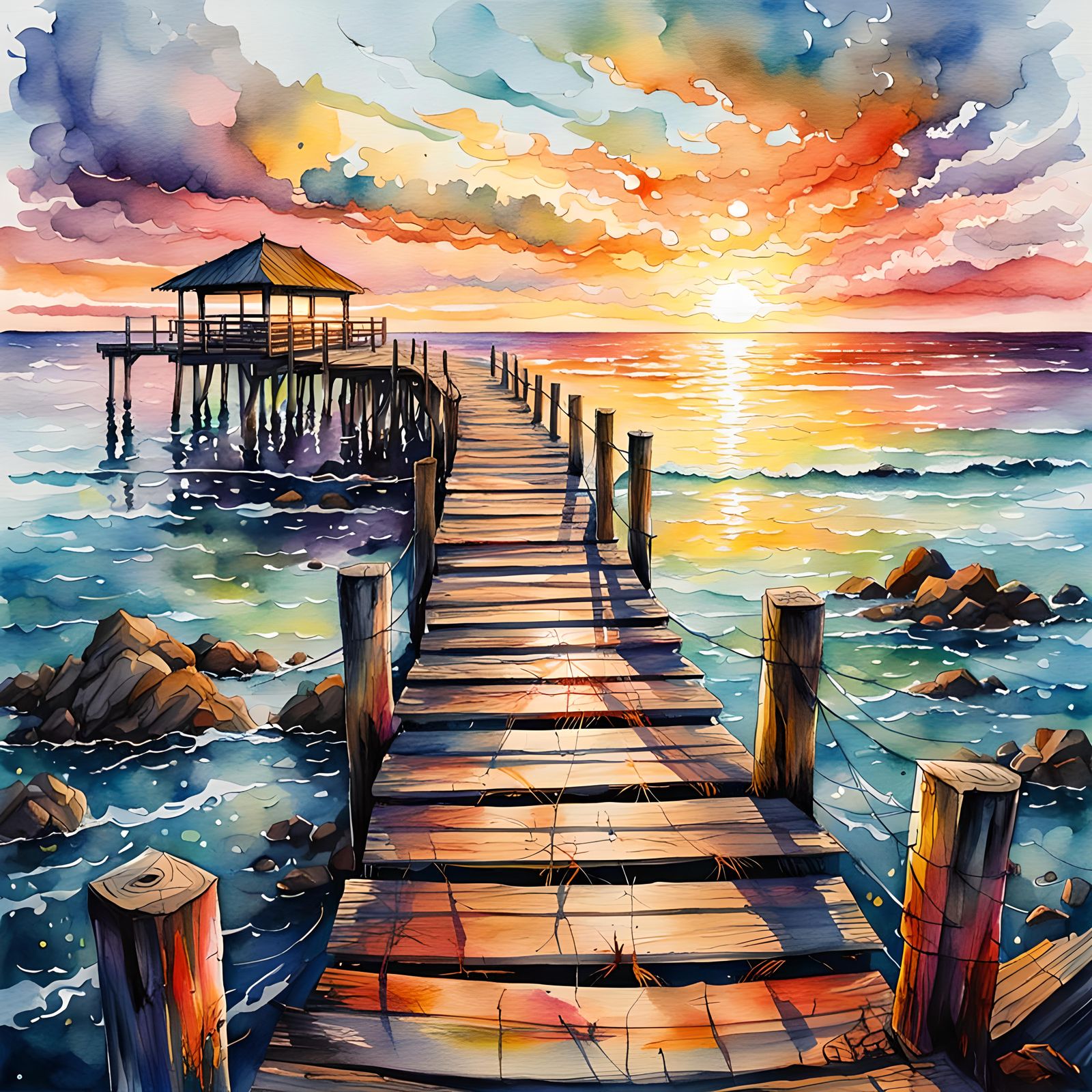 Ocean Sunset: Watercolor Jetty Illustration