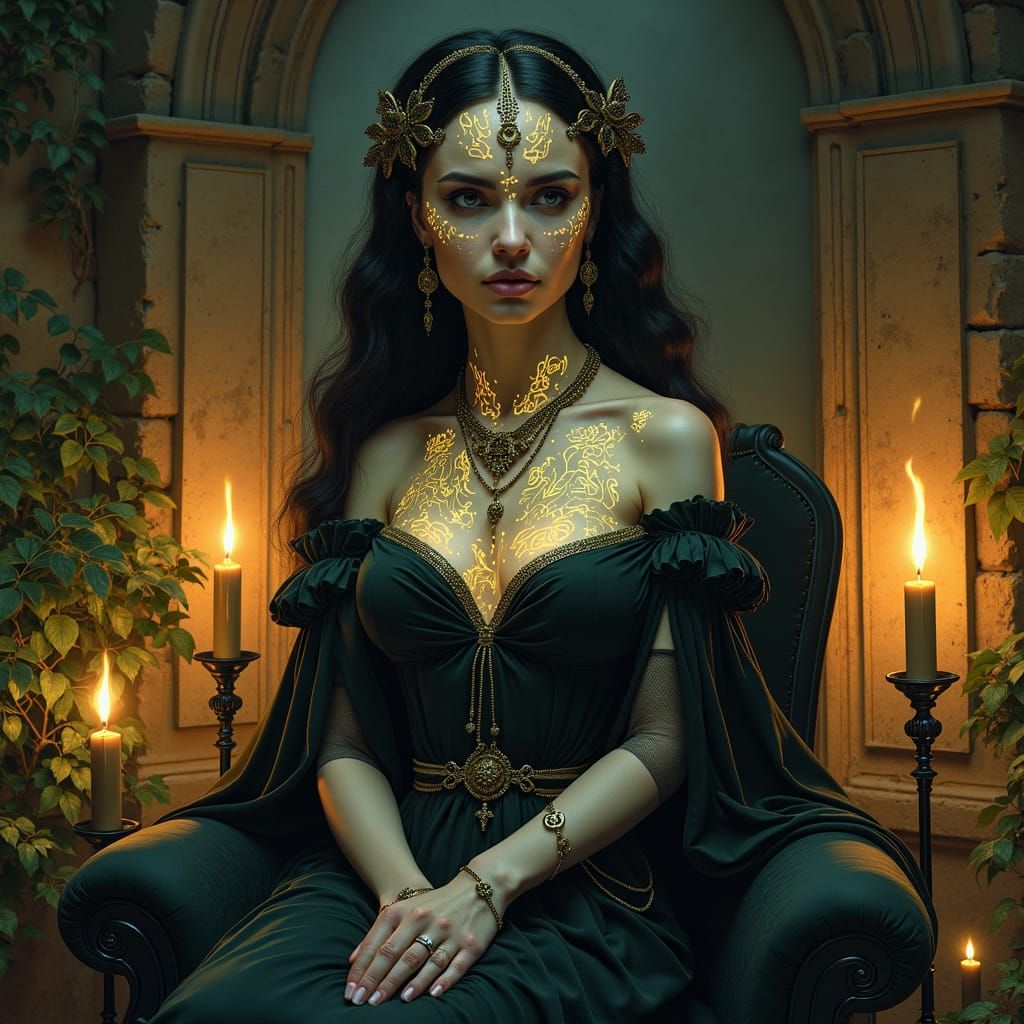 Regal Woman in Chamber with Luminous Calligraphy