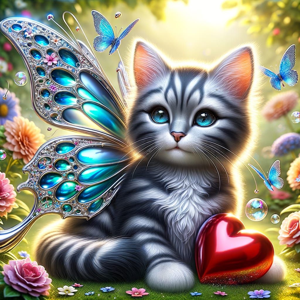 Glimmering Feline Angel with Shimmering Butterfly Wings and ...