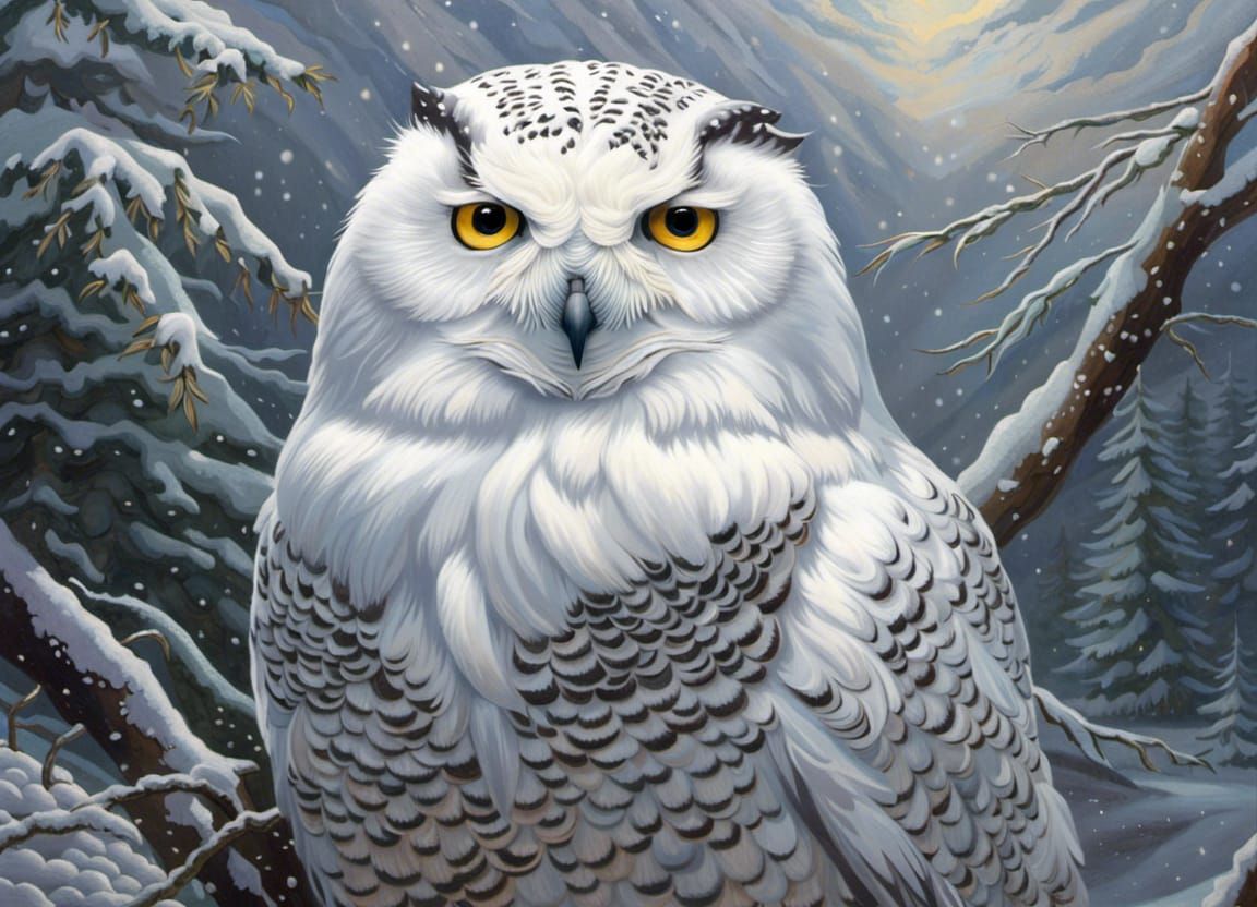 Snowy Owl Portrait in Hyper-Detailed Blizzard