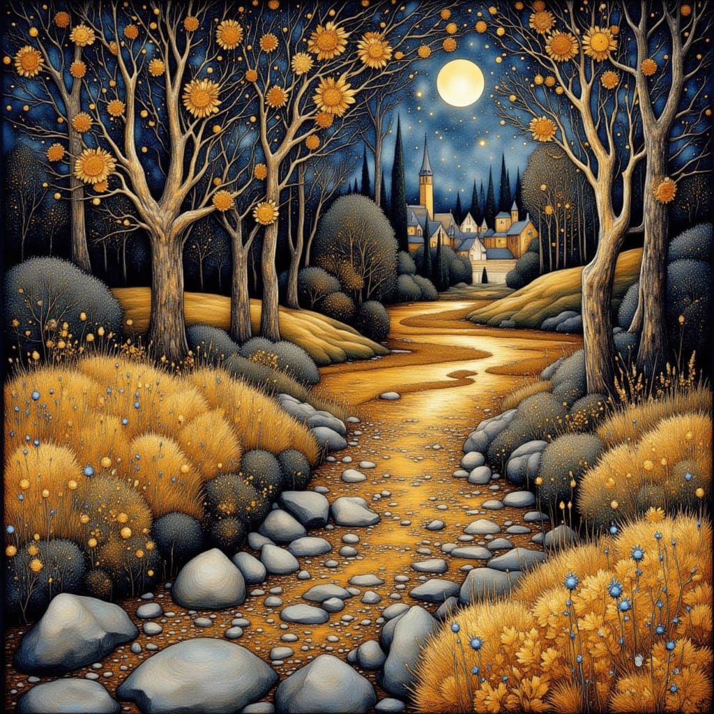 Summer Night Town Landscape with Twisted Trees