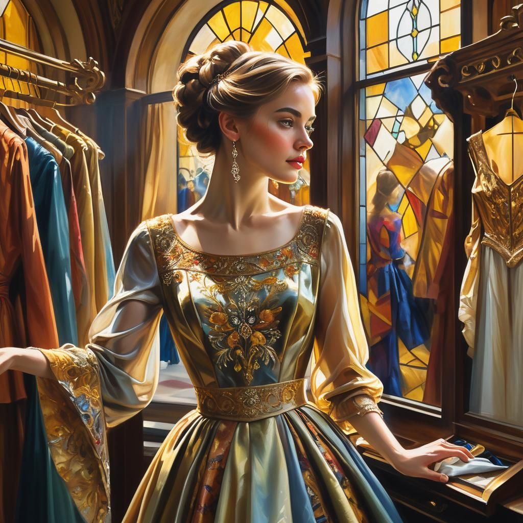 Girl in Lavish Shop: Oil Painting Portrait