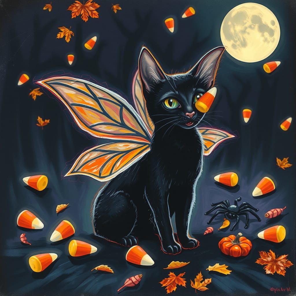Whimsical Black Cat with Fairy Wings, Surreal Halloween Scen...
