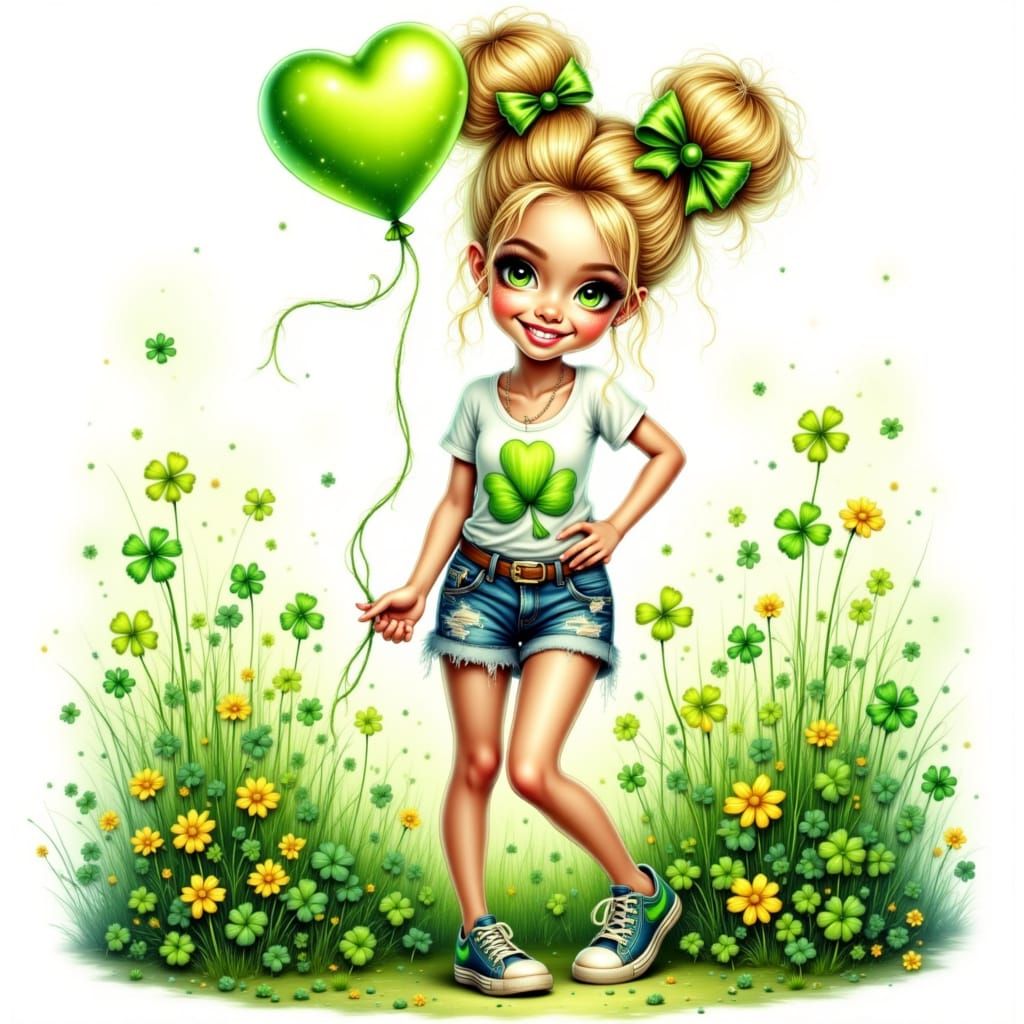 Cute Cartoon Girl with Green Eyes and Clovers in Whimsical F...