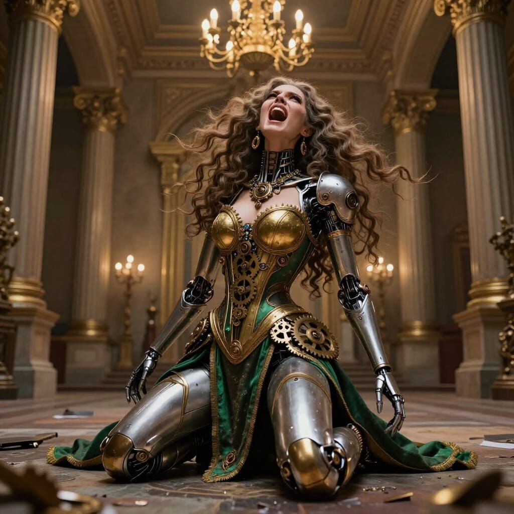 Cyborg Woman in Anguish on Stone Floor