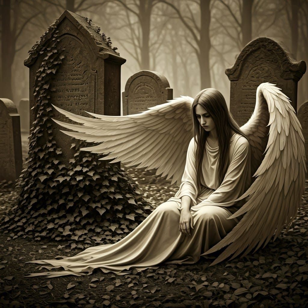 Fallen Angel in Graveyard: Black and White Dark Fantasy