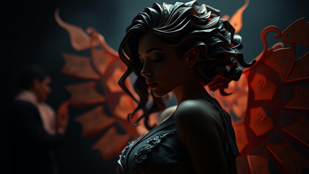 Origami Papercraft Woman in Dark, Mystical Style